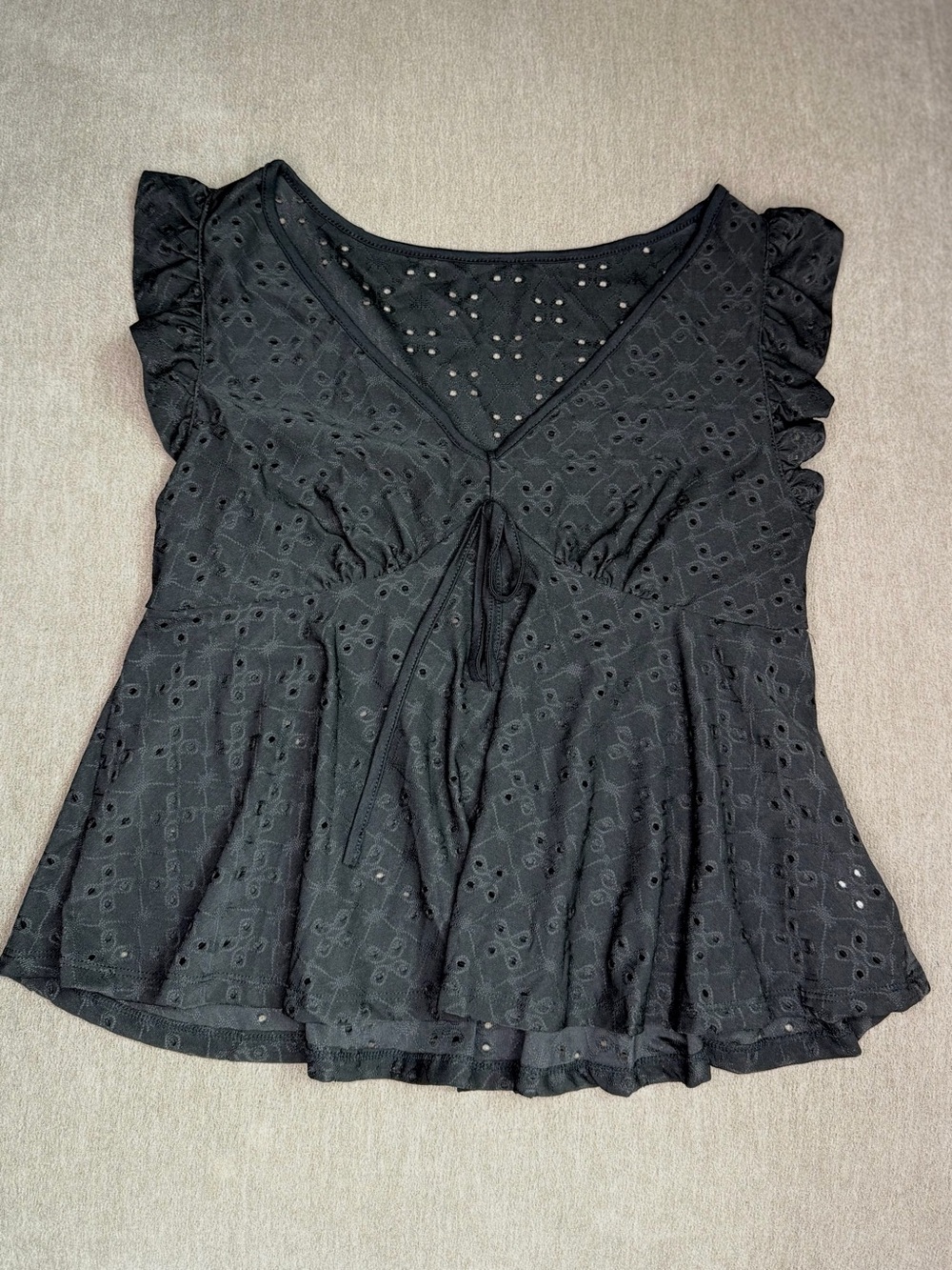Black Eyelet V-Neck Tie Flutter Sleeve Peplum Top